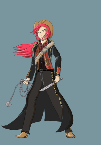 A humanized Apple Bloom holding a chain whip and dagger