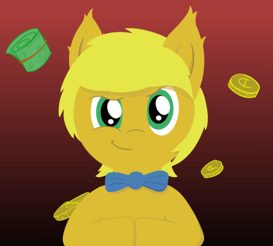 The bust of a colt with a golden coat, a blond mane, a blue bowtie, and a sinister expression. Coins and a banknote are falling though the air behind him.