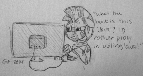 Zecora using a computer and saying "What the buck is this 'Java'? I'd rather play in boiling lava."