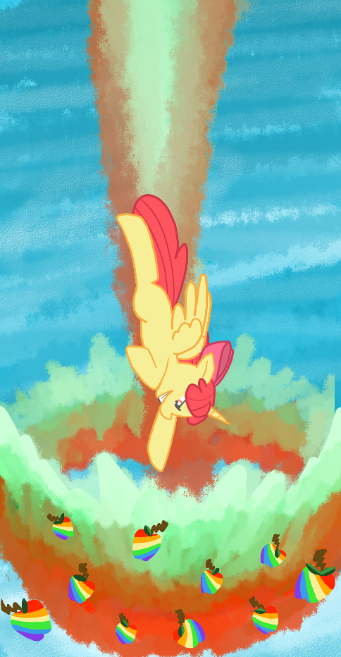 An alicorn Apple Bloom flying while zap apples and apple-colored explosions shoot out of her