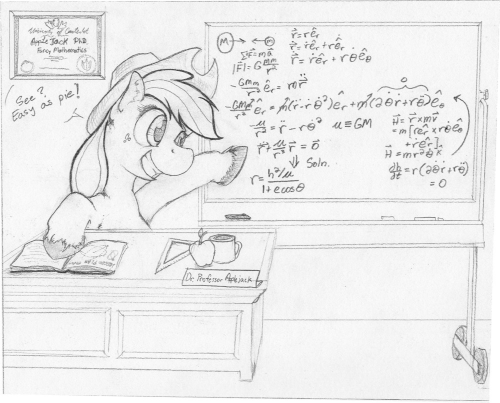 Applejack pointing at a chalkboard full of equations