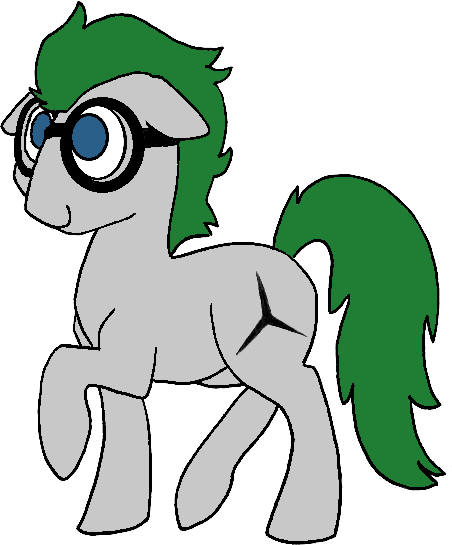 An earth pony with gray fur and a green mane and tail wearing glasses