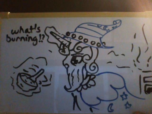 Starswirl the Bearded mixing a bowl full of batter while saying "What's burning?"