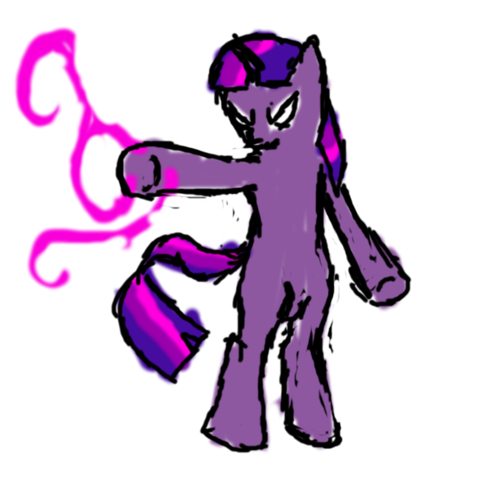 Twilight standing on two legs and holding out a hoof