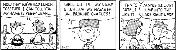 A comic strip in which Charlie Brown nervously introduces himself to a "pretty girl" as "Brownie Charles".
