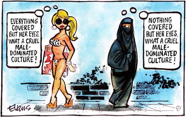 Two women look at each other askance. One wears sunglasses and a bikini and the other wears a burqa. The woman in a bikini thinks "Everything covered but her eyes. What a cruel male-dominated culture!" The woman in a burqa thinks "Nothing covered but her eyes. What a cruel male-dominated culture!"